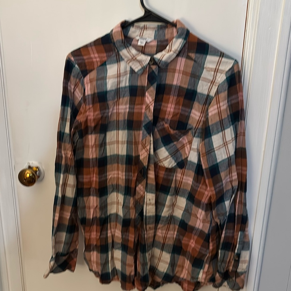 Button up Flannel multi-colored rust and teal